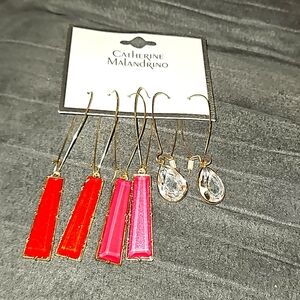 Catherine Malandrino Pierced Long Dangle Gold Red Pink Clear Rhinestone Teardrop